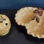 Delightful Two Sectioned Dish with the Texture of a Cabbage Leaves with a Leaf and Pear Decoration and Finial, By Crown Devon, Circa 1940, Funky MCM Chic Image 8