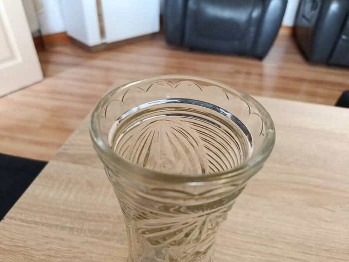 Antique pressed glass celery vase with embossed text