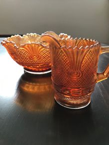Vintage Depression Orange Fluted bowl and Jug