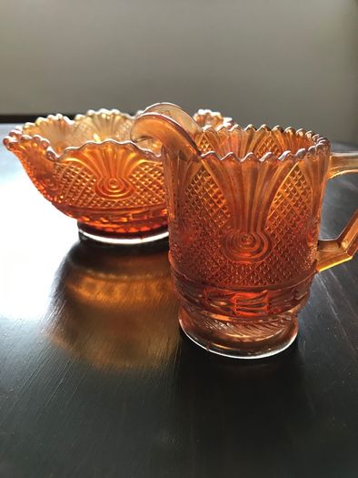 Vintage Depression Orange Fluted bowl and Jug