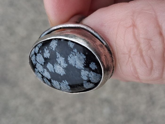 Midcentury Snowflake Obsidian Sterling Silver Ring