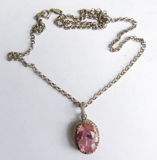 Vintage Sterling Silver 925 PINK OVAL CRYSTAL PENDANT NECKLACE Pea Chain traditional necklace length 20" - 14,8g