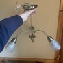 Semi-flush antique brass ceiling  light fitting with 3 frosted glass shades. Image 5