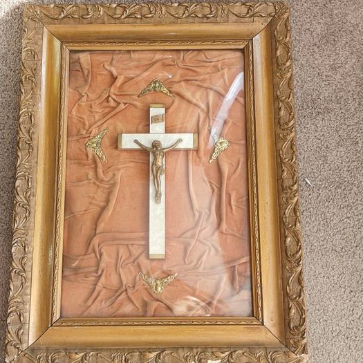 Vintage large convex framed crucifix, Jesus, religious devotional item