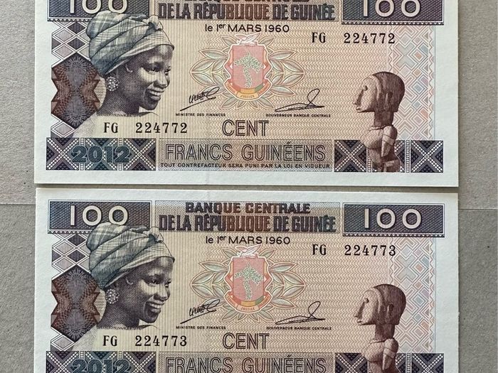 Guinea 2x100 Francs Consecutive Banknotes