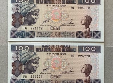 Guinea 2x100 Francs Consecutive Banknotes