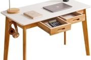 Computer Desk Table, Wood Writing Desk with Drawer and Hanging Rod, 39x20x30inch Study Desk, Work Desk, Wooden Dining Table White + Natural Wood Legs