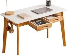 Computer Desk Table, Wood Writing Desk with Drawer and Hanging Rod, 39x20x30inch Study Desk, Work Desk, Wooden Dining Table White + Natural Wood Legs