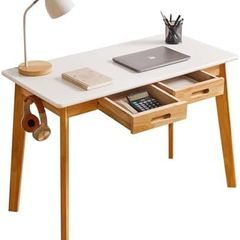 Computer Desk Table, Wood Writing Desk with Drawer and Hanging Rod, 39x20x30inch Study Desk, Work Desk, Wooden Dining Table White + Natural Wood Legs