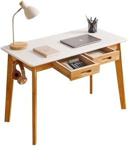 Computer Desk Table, Wood Writing Desk with Drawer and Hanging Rod, 39x20x30inch Study Desk, Work Desk, Wooden Dining Table White + Natural Wood Legs