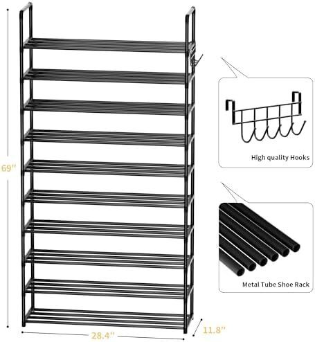 Metal Shoe Rack, 10 Tier Shoe Storage Organizer with Hooks,Fit 40-45Pairs Shoes,Metal Tall Shoe Shelf for Closet,Entryway,Garage,Bedroom,Cloakroom