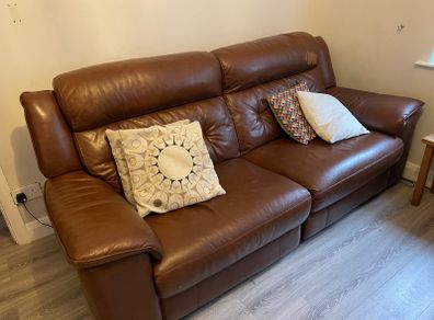 Leather electric recliner sofa with matching armchair and footstool