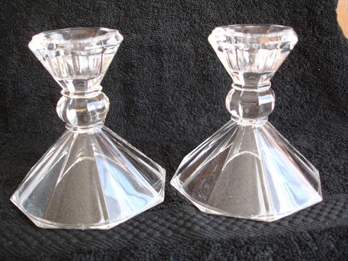 Pair of Tent Footed  Clear Crystal Candlestick Holders