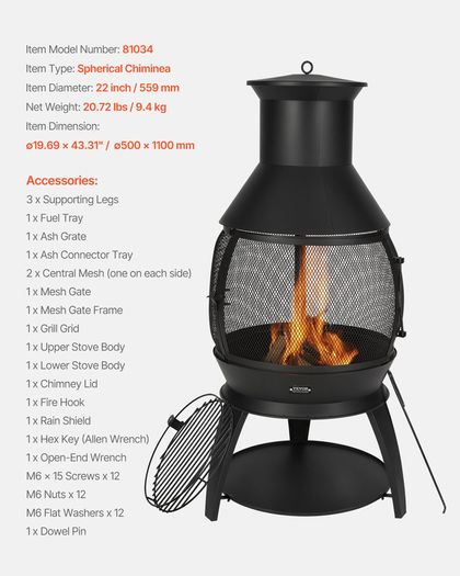 22 Inch Chiminea Outdoor Iron Fireplace with Grill Mesh & Chimney Coat