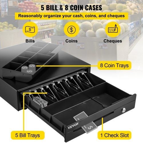 Cash Register Drawer, 16" 12 V, for POS System with 5 Bill 8 Coin Cash Tray, Removable Coin Compartment & 2 Keys Included, RJ11/RJ12 Cable for Supermarket, Bar, Coffee Shop, Restaurant