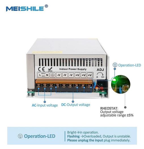 MEISHILE 24V 1000W 41.7A LED Driver Switching Power Supply 110VAC-DC24V Transformer Monitoring Power Supply Industrial Power Universal Type 1000 Watts