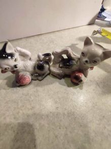 Rare find  VINTAGE PORCELAIN MARKED foreign 2 Cat Figurine.Cats Playing With Ball Figurine