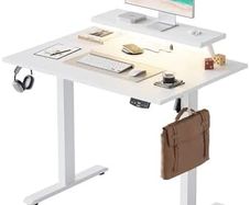 Electric Standing Desk with Movable Monitor Stand, Height Adjustable Desk with 2 Memory Buttons, 100 x 60 cm with LED Strip Light and USB-C Port, for Home Office, White