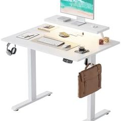 Electric Standing Desk with Movable Monitor Stand, Height Adjustable Desk with 2 Memory Buttons, 100 x 60 cm with LED Strip Light and USB-C Port, for Home Office, White