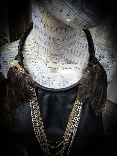 1 Sexy Leather and Chains Bib Necklace Bird Skull Wings Apocalyptic