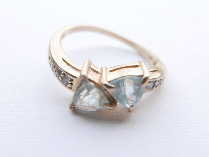 Vintage Solid 14k Gold Aquamarines And Diamonds Ring Size O - 3,35g