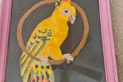 Retro framed 1960s wool embroidery cockatoo. Kitsch.