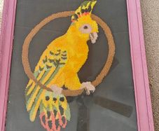 Retro framed 1960s wool embroidery cockatoo. Kitsch.