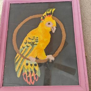 Retro framed 1960s wool embroidery cockatoo. Kitsch.