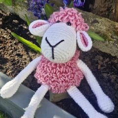 Handmade Crochet Lamb Plushie - Pink & White, 23cm