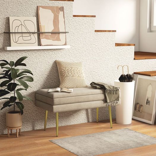 Beige Upholstered Storage Bench with Gold Steel Legs