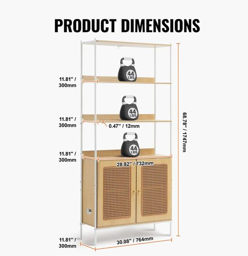 Rattan Bookshelf, Ladder Shelf with 2 Doors, Rectangle Freestanding Open Storage Bookcase