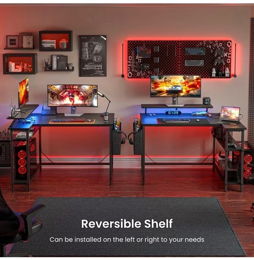 L Shaped Gaming Desk with LED Lights & Power Outlets, 100x80cm