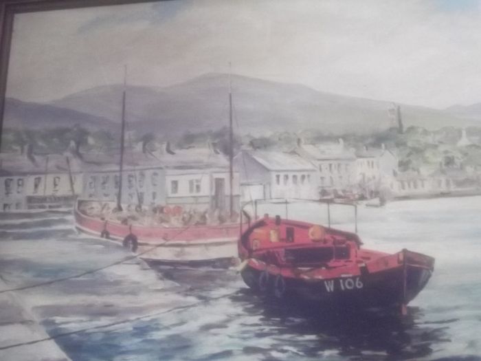 a oil painting picture on board of a harbour sceen by ken donfield