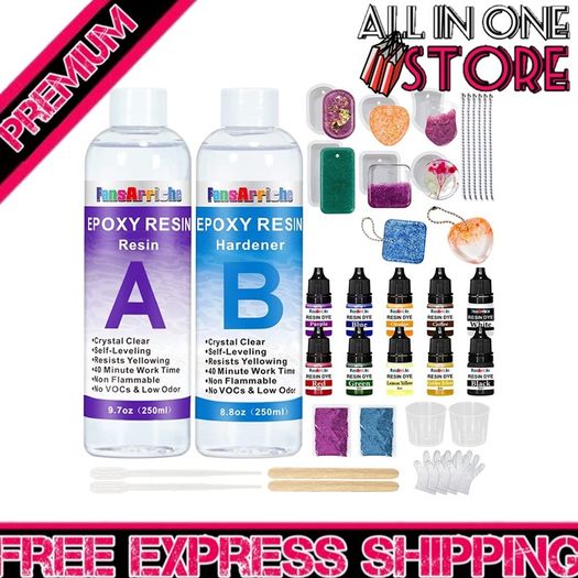 Epoxy Resin Kit 500ml, 2 Part Casting Resin Starter Kit, Resin Kits for Beginners, Epoxy Resin and Hardener with Key Chains Moulds for Sculpting Moulding & Casting, Art & Craft, Jewelry Making Kit (FREE SHIPPING)