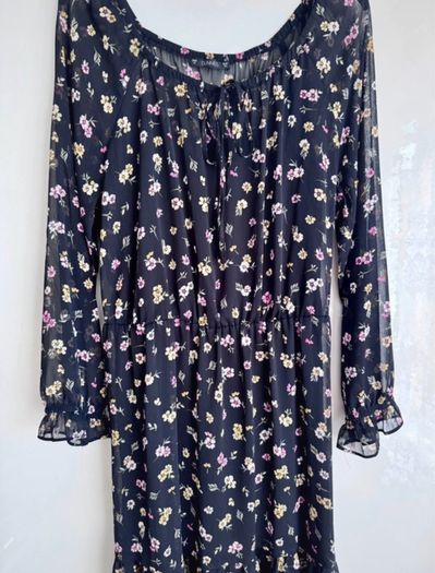 Dunnes Stores Black Floral Dress Size 14/42 - Sheer Sleeves - Knee Length