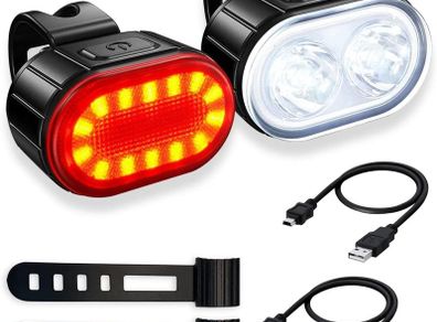 USB Rechargeable Bike Light Set Ultra Bright LED Bicycle Lights with Headlight and Taillight Set,IPX4 Waterproof, 4/6 Modes Mountain Road Cycle Light Front and Back Rear Light
