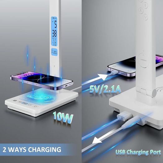 LED Desk Lamp with Wireless Charger & USB Charging Port, 5 Colors 5 Brightness Dimmable Eye-Caring Table Lamp with Night Light, LCD Screen Clock Temperature Timer Touch Control Bedside Lam