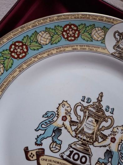 Soccer Fans A Rare !  Vintage Elizbethan Fine BONE China Plate 10.5 ins  100th  Football Final Manchester City  v Tottenham  Hotspur  9th May 1981 Commemorative Lpate Programmes lunches Banquet Details  TEAM winners over the years
