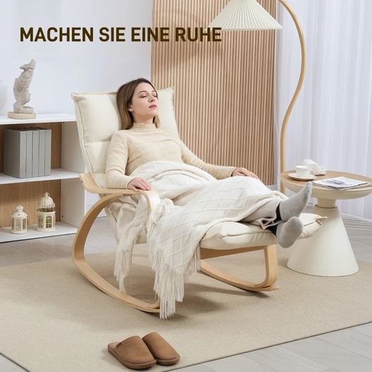 Upholstered Rocking Chair Relaxing Armchair with Armrests & Steel Frame for Living Room, Bedroom, Cream