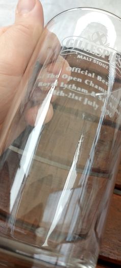 Gillespies malt stout pint glass,official beer to the open championship at royal Lytham & St. Anne's 18th to 21th ,1996,,buyer collects or pays postage, collectors item