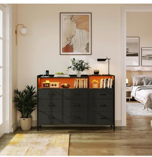 Black Chest of Drawers Bedroom, Dresser Cabinet with 2 Sockets, 2 USB Ports and 10 Colored LED Strips