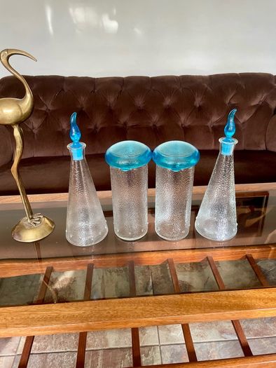 Set of Glass Genie Bottles with Turquoise Blue Flame Stoppers and Tall Containers with Mushroom Lids MCM Retro