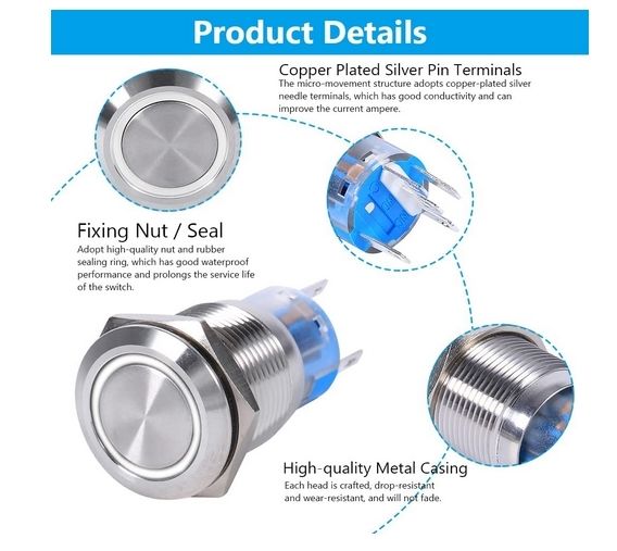 19mm 12v Stainless Steel Silver Shell Self Locking LED Waterproof Switch 5pieces