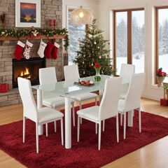 Festive Special! 6 Faux Leather Chairs + Glass Table