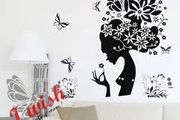 Black Flower Lady &amp; Butterflies Wall Sticker