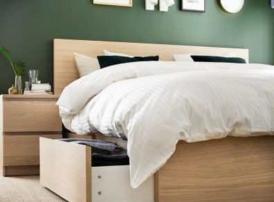 IKEA MALM double bed light oak veneer with full under-bed storage