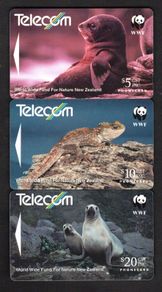1993 New Zealand 5, 10 and 20 World Wide Fund For Nature. Fur Seal, Tuatara and Hooker's Sea Lion (GPT - Magnetic) Phone Card
