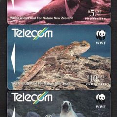 1993 New Zealand 5, 10 and 20 World Wide Fund For Nature. Fur Seal, Tuatara and Hooker's Sea Lion (GPT - Magnetic) Phone Card