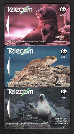 1993 New Zealand 5, 10 and 20 World Wide Fund For Nature. Fur Seal, Tuatara and Hooker's Sea Lion (GPT - Magnetic) Phone Card