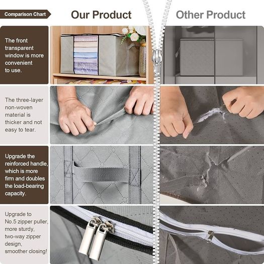 FREE SHIPPING Clothes Collapsible Storage Boxes with Lids, Wardrobe Organiser Large Moving Duvet Storage Bags with Reinforced Handles and Zip, Bedroom Underbed Storage, 4 Pack, Grey